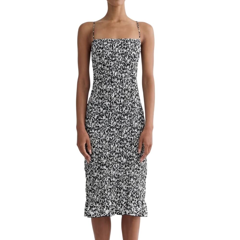 Everlane NEW Smocked Column Black White Floral Girl Next Door Pretty Midi Dress